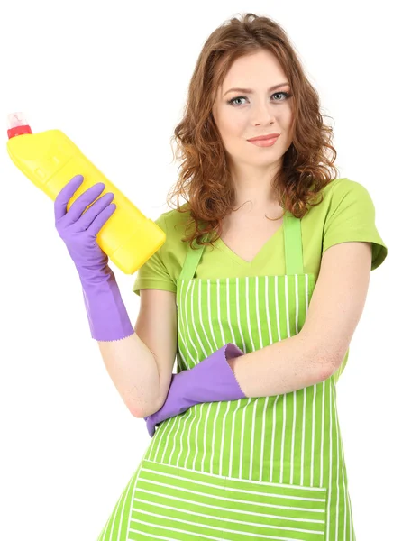 Молода жінка в гумових рукавичках з прибиральницею, ізольована на білому — стокове фото