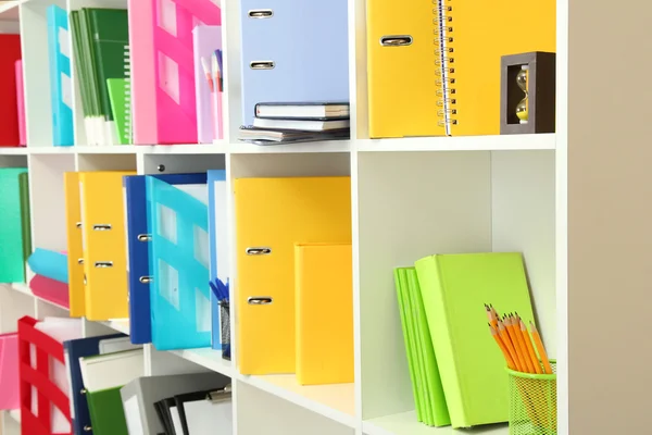 White office shelves with different stationery, close up — Stock Photo, Image