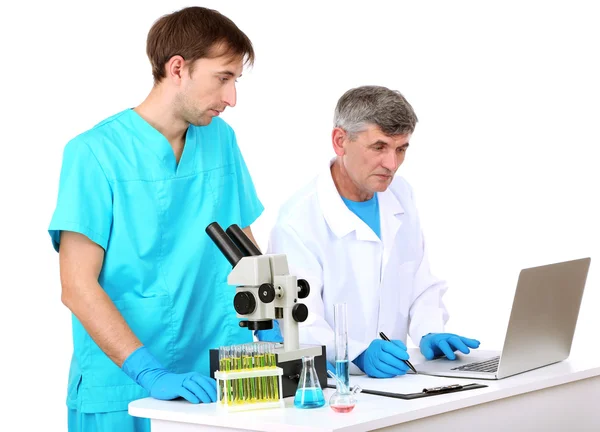 Médico e avaliador durante a pesquisa isolada em branco — Fotografia de Stock