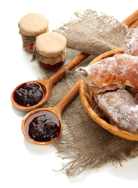 Taste croissants in basket and jam isolated on whit — Stock Photo, Image