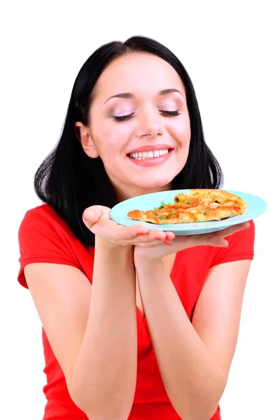 Schöne Mädchen und Pizza isoliert auf weiß — Stockfoto