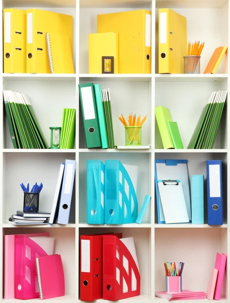 White office shelves with different stationery, close up — Stock Photo, Image