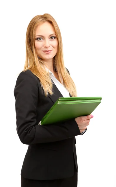 Portrait of teacher woman with folders, isolated on white — Stock Photo, Image