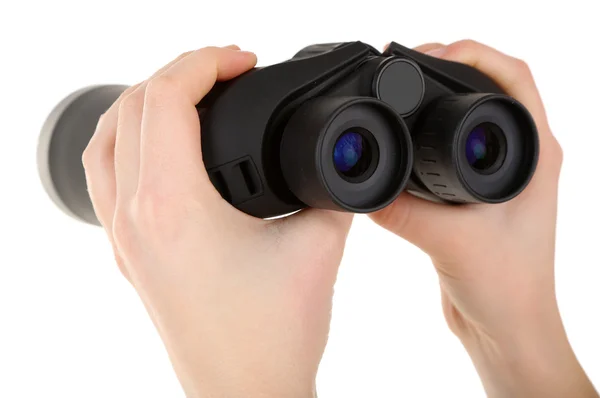 Black modern binoculars in hands isolated on white — Stock Photo, Image