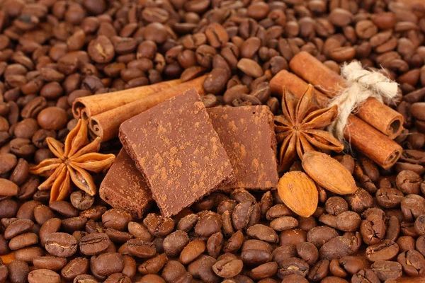 Gehakte chocolade met cacao, kruiden, op koffiebonen achtergrond — Stockfoto