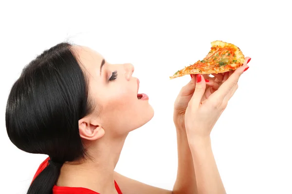 Menina bonita come pizza close-up isolado no branco — Fotografia de Stock