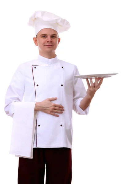 Retrato do chef segurando bandeja em sua palma isolado em branco — Fotografia de Stock