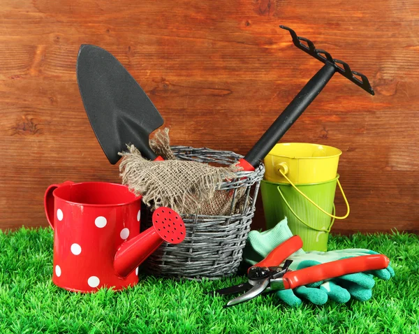 Gartengeräte auf Gras im Hof — Stockfoto