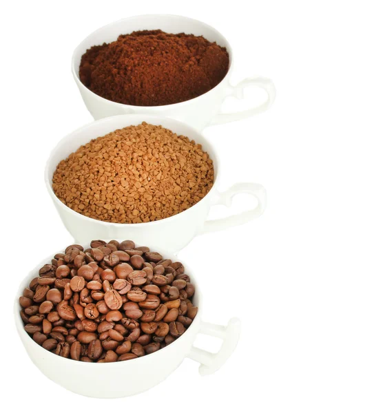 Forskellige typer kaffe i tre kopper isoleret på hvid - Stock-foto