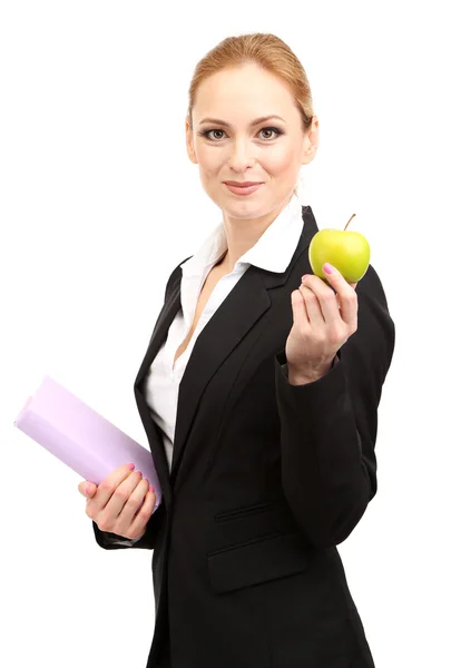 Portret van leraar vrouw met boek en apple, geïsoleerd op wit — Stockfoto