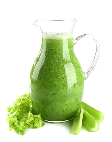 Glass pitcher of celery juice, isolated on white — Stock Photo, Image