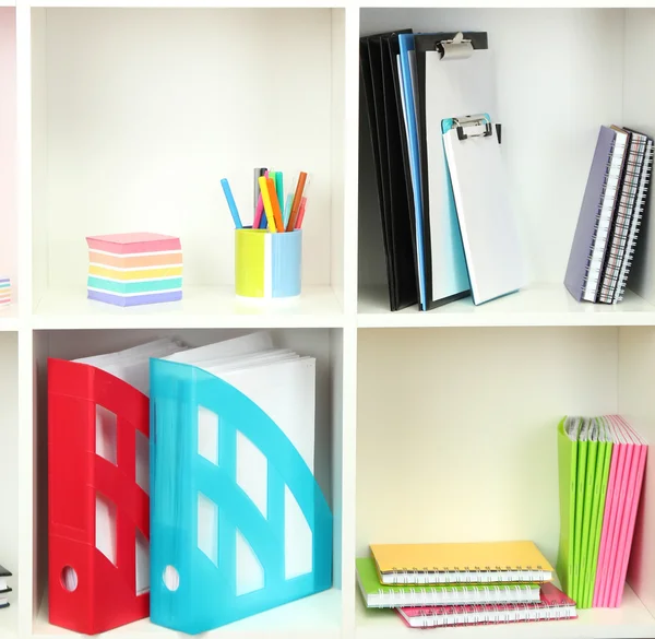 White office shelves with different stationery, close up — Stock Photo, Image