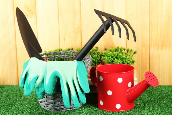 Garden tools on grass in yard — Stock Photo, Image