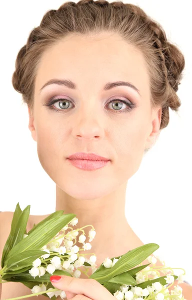 Güzel saç modeli ve çiçekler, üzerinde beyaz izole olan kadın — Stok fotoğraf