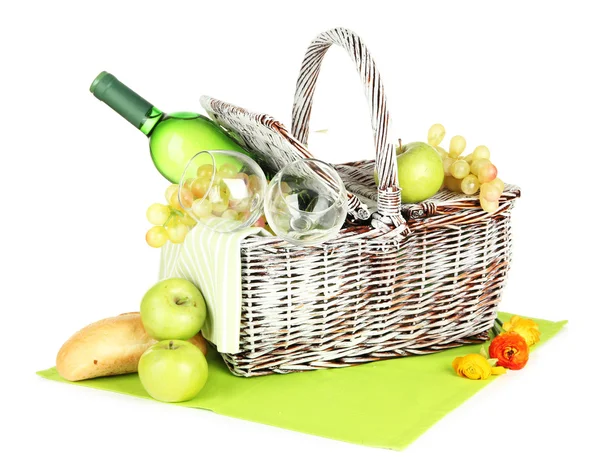 Picnic basket with fruits and bottle of wine, isolated on white — Stock Photo, Image