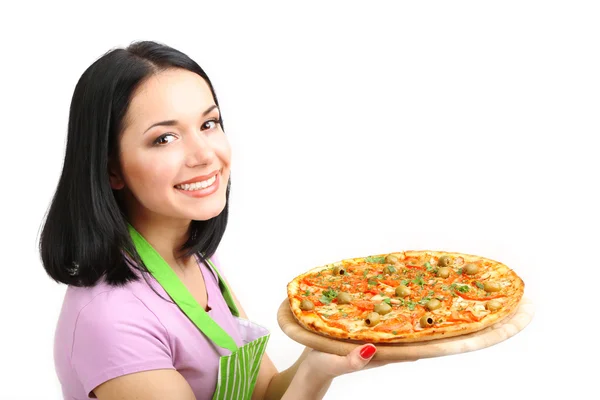 Menina dona de casa com deliciosa pizza isolada no branco — Fotografia de Stock