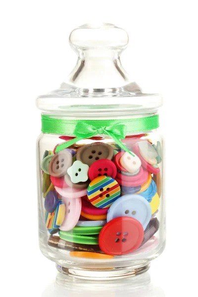 Glass jar containing various colored buttons isolated on white — Stock Photo, Image