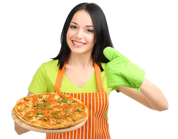 Tjej hemmafru med läckra pizza isolerad på vit — Stockfoto