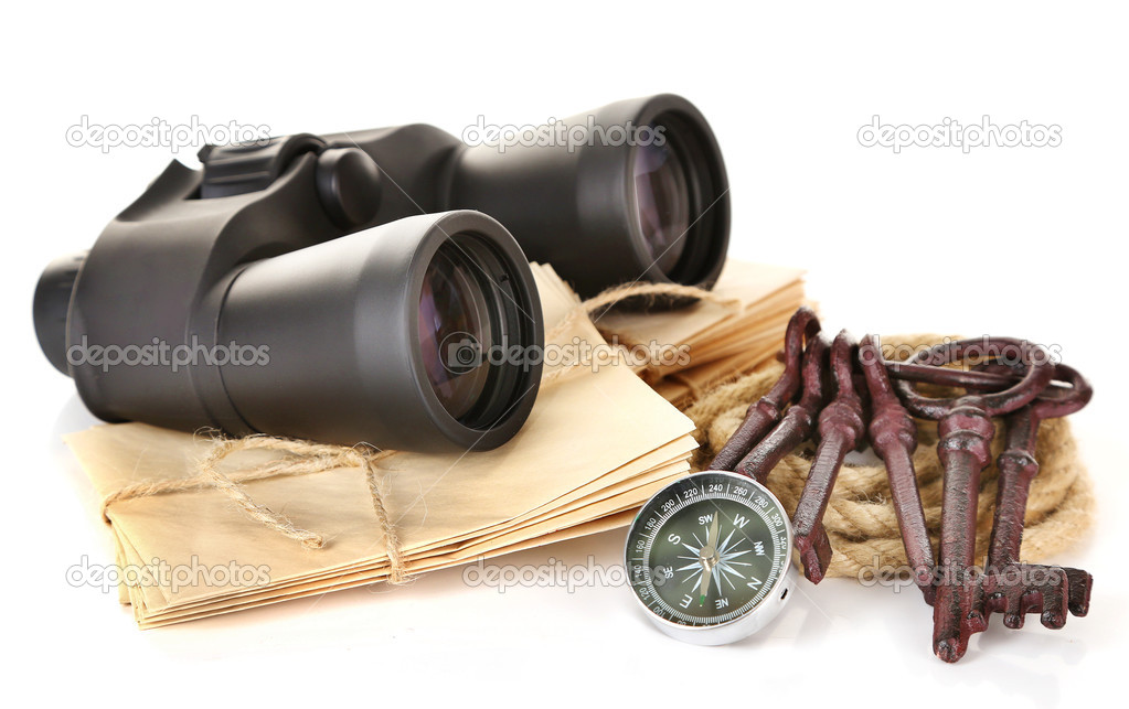 Black modern binoculars with compass and letters isolated on white