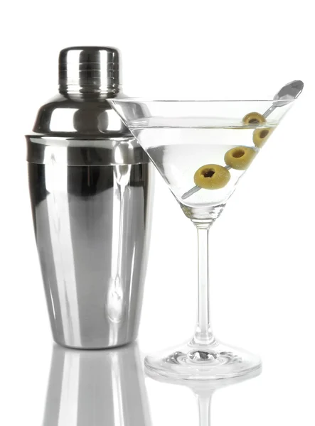 Bicchiere Martini con olive isolate su merluzzo — Foto Stock