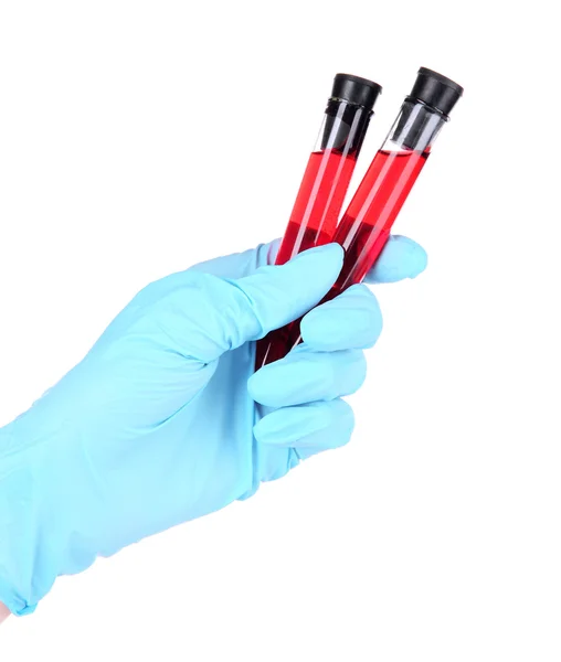 Test tubes with blood in hand isolated on white — Stock Photo, Image