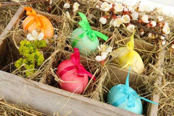 Ahşap kutusunda saman yakın çekim ile Paskalya yumurtaları — Stok fotoğraf