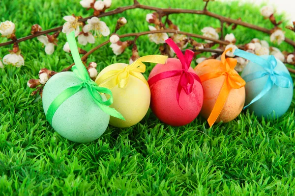 Huevos orientales coloridos sobre hierba fondo —  Fotos de Stock