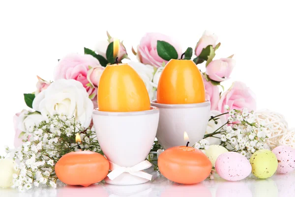 Easter candles with flowers isolated on white — Stock Photo, Image