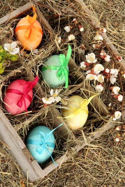 Ovos de Páscoa em caixa de madeira com feno close-up — Fotografia de Stock