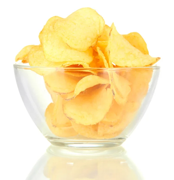 Potato chips in glass bowl, isolated on white — Stock Photo, Image