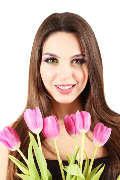 Young beautiful girl with tulips in her hand, isolated on white — Stock Photo, Image