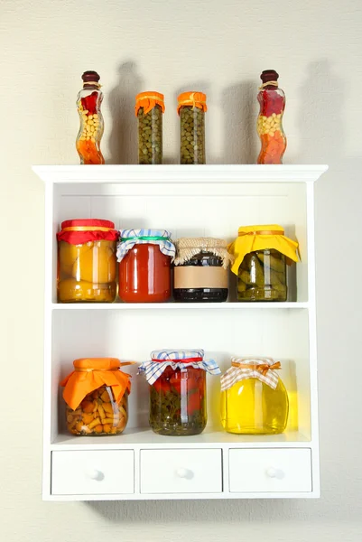 Homemade preserves on beautiful white shelves — Stok fotoğraf