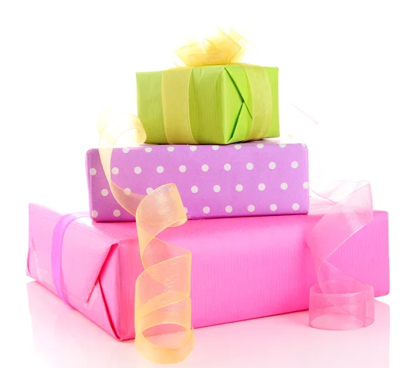 Bright gifts with bows isolated on white — Stock Photo, Image