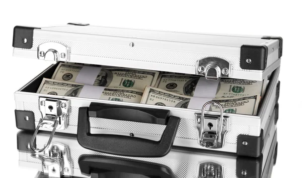 Suitcase with 100 dollar bills isolated on white — Stock Photo, Image