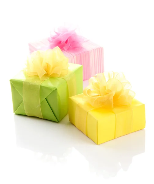 Bright gifts with bows isolated on white — Stock Photo, Image