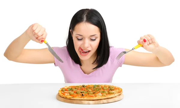 Piękna dziewczyna chce jeść pizzę na białym tle — Zdjęcie stockowe