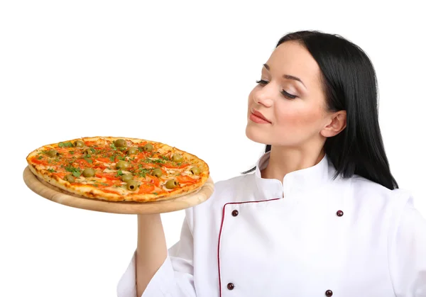 Schöne Mädchen Chefkoch mit Pizza isoliert auf weiß — Stockfoto