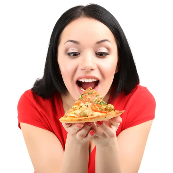 Hermosa chica quiere comer pizza aislada en blanco — Foto de Stock