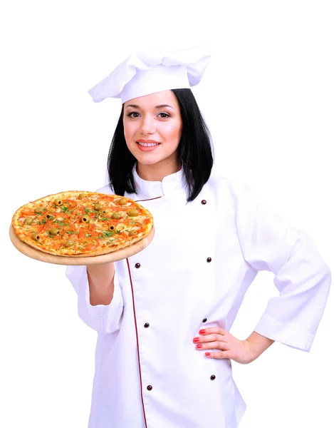 Beautiful girl chief-cooker with pizza isolated on white — Stock Photo, Image