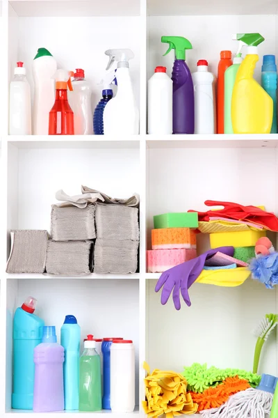 Shelves in pantry with cleaners for home close-up — Stock Photo, Image