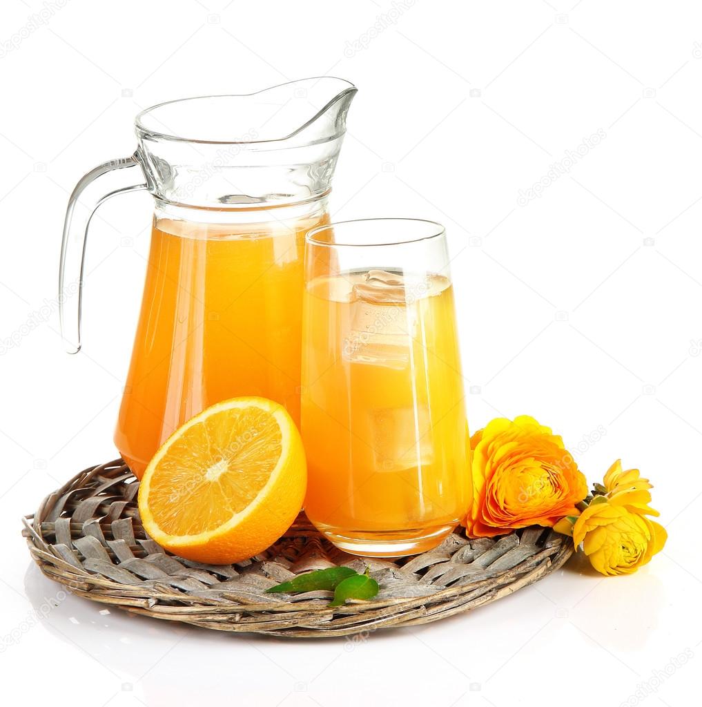 Pitcher of orange juice isolated on white Stock Photo by