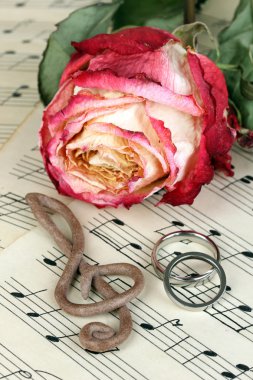 tiz nota anahtarı, gül ve alyans müzik arka planda