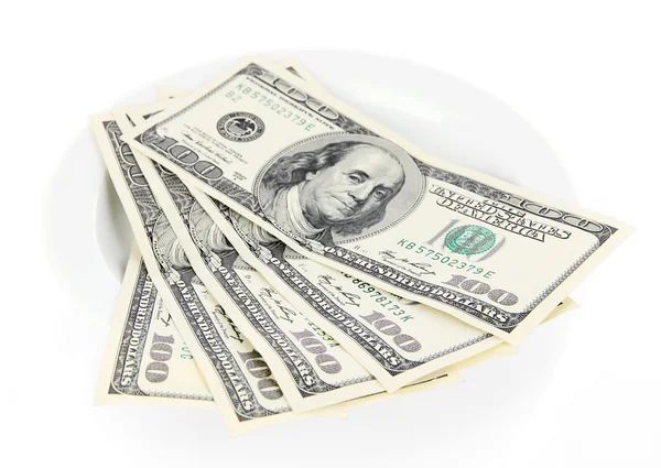 Dinero en plato aislado en blanco — Foto de Stock