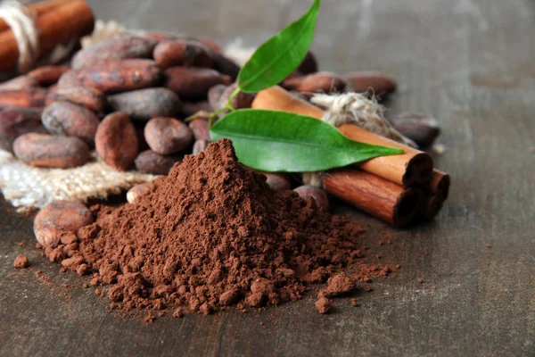 Cocoa beans, cocoa powder and spices on wooden background — Stock Photo, Image