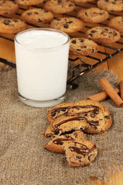 Chocolate cookies on the baking with glass of milk close up — Stock Photo, Image