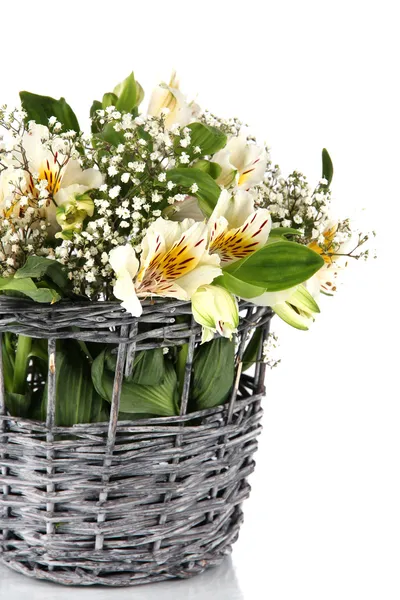 Bouquet of flowers in basket isolated on white — Stock Photo, Image