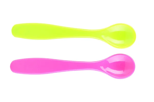 颜色的叉子和勺子的婴儿食品上白色隔离 — 图库照片