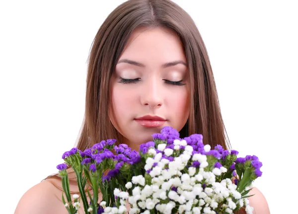 Bella giovane donna con fiori isolati su bianco — Foto Stock