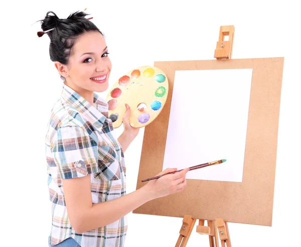 Beautiful young woman painter at work, isolated on white — Stock Photo, Image