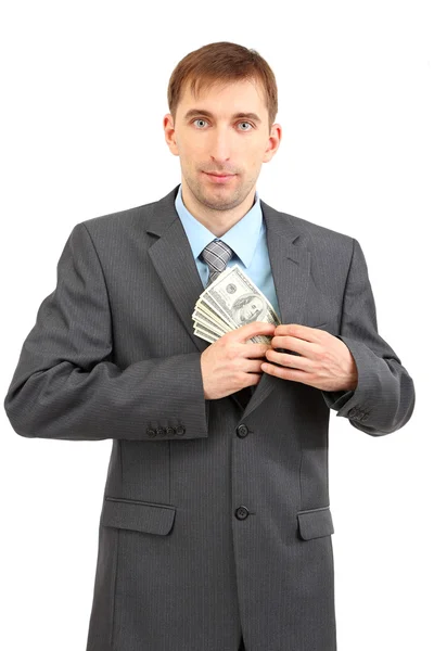 Young businessman with money isolated on whit — Stock Photo, Image